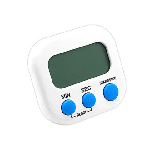 Timer digital de cozinha branco com botões azuis
