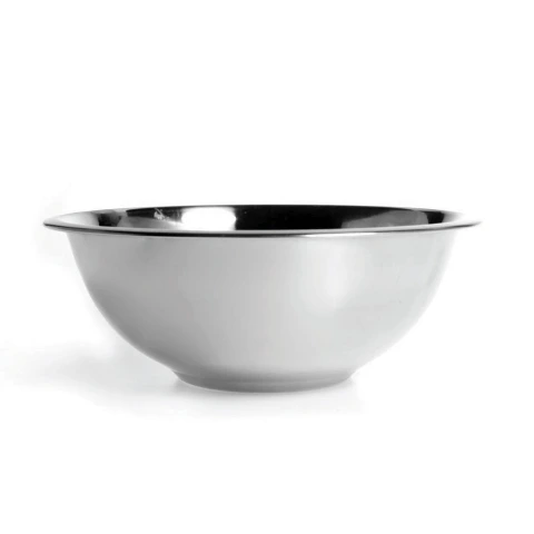 Tigela redonda de aço inoxidável com acabamento brilhante.