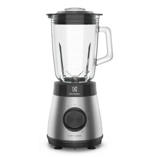 Liquidificador Electrolux com jarra de vidro transparente, tampa preta, base em aço inoxidável escovado, controle rotativo com múltiplas velocidades e potência de 700W TurboFlow, fotografado sobre fundo branco.