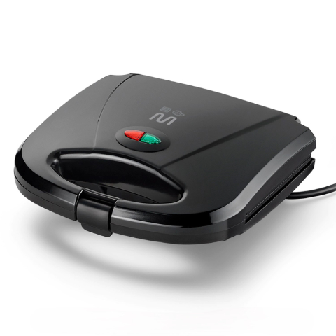 Sanduicheira elétrica preta com luzes indicadoras de funcionamento.