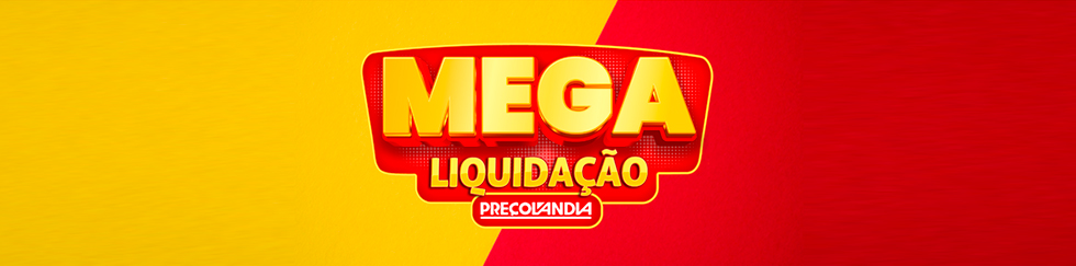 Banner promocional da Mega Liquidação Preçolandia com fundo amarelo e vermelho, e texto em destaque: Mega Liquidação.