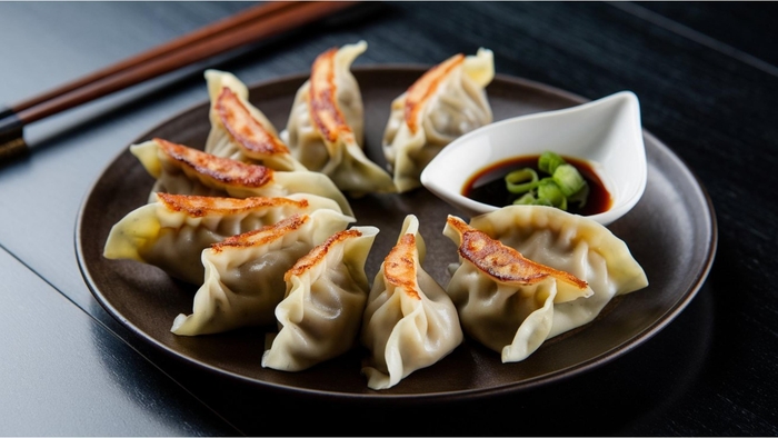 Um prato com gyozas, pequenos pastéis japoneses recheados e levemente grelhados, dispostos em círculo. Ao centro, há um molho à base de soja em um recipiente branco, decorado com cebolinha. Ao fundo, um par de hashis complementa a cena, sugerindo uma refeição elegante e saborosa.