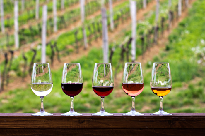 Taças de vinho com diferentes tipos de vinho alinhadas em uma mesa de madeira, com vista para um vinhedo ao fundo.