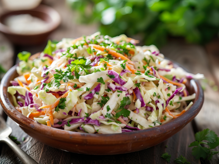 Salada de repolho branco e roxo com cenoura ralada e molho cremoso, servida em uma tigela rústica de barro e decorada com salsa fresca.