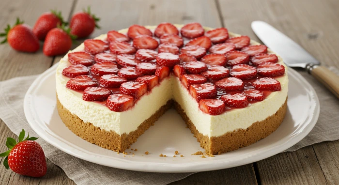 Cheesecake de morango com base de biscoito graham, recheio cremoso de cream cheese e cobertura de morangos fatiados dispostos em círculos concêntricos, servido em prato branco sobre mesa de madeira rústica, com uma fatia triangular já cortada revelando as camadas internas do cheesecake, morangos frescos ao fundo e faca de sobremesa ao lado