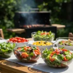 Mesa de churrasco ao ar livre com várias saladas coloridas em tigelas de vidro, com grelha ao fundo soltando fumaça e vegetação ao redor, em um ambiente ensolarado e descontraído.