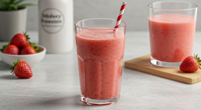 Copo de smoothie de morango com canudo listrado vermelho e branco, sobre uma mesa clara, com morangos frescos ao fundo.