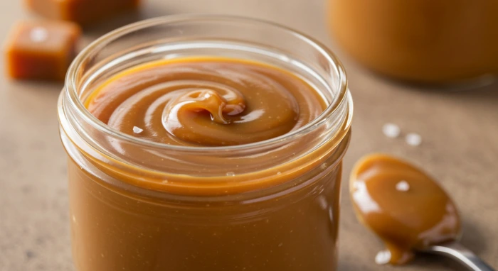 Pote de vidro aberto contendo caramelo salgado cremoso de cor dourada âmbar com textura lisa e brilhante, colher de metal ao lado com porção do caramelo escorrendo, sobre superfície de madeira clara com pedaços de caramelo desfocados ao fundo, iluminação natural destacando o brilho acetinado da cobertura