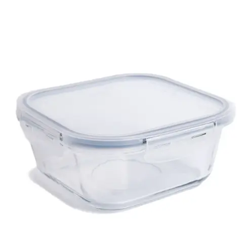 Pote de vidro borosilicato transparente formato retangular com cantos arredondados, tampa plástica translúcida com vedação hermética e travas laterais metálicas cromadas, base sólida de vidro grosso, completamente vazio e limpo, fotografado em fundo branco neutro com sombra suave projetada