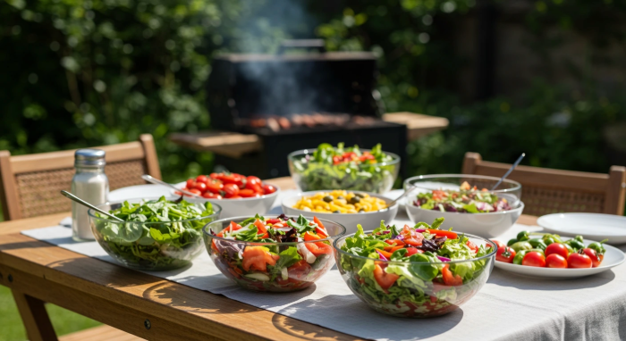 Mesa de madeira ao ar livre com diversas tigelas de saladas coloridas incluindo folhas verdes, tomates cereja, milho e outros vegetais frescos, com churrasqueira fumegante ao fundo em ambiente de jardim