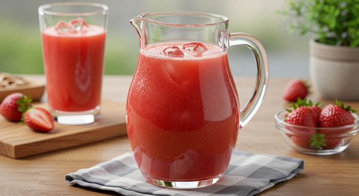 Jarra de vidro transparente com alça contendo suco vermelho-rosado de morango com cubos de gelo, ao lado de copo alto com a mesma bebida, sobre tábua de madeira com pano xadrez cinza. Morangos frescos cortados e inteiros dispostos na tábua e em tigela de vidro pequena ao fundo, com vaso de plantas desfocado