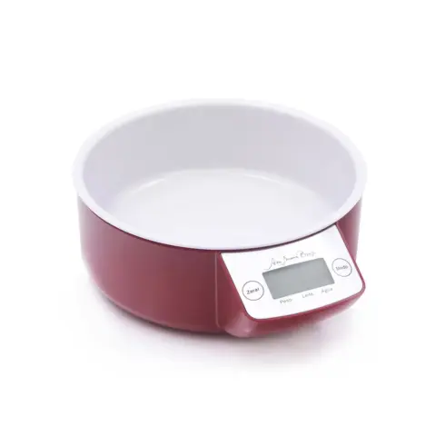 Balança digital de cozinha vermelha com tigela branca removível, display LCD e botões de controle, sobre fundo branco