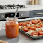 Molho de tomate caseiro em pote de vidro ao lado de assadeira com tomates, cebolas e cenouras crus em cozinha moderna