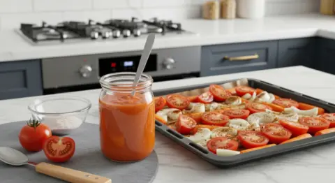 Pote de vidro com molho de tomate caseiro cor laranja avermelhada e colher, ao lado de assadeira com tomates frescos fatiados e cebolas, tomates inteiros e cortados sobre tábua de madeira em cozinha moderna