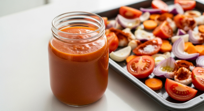 Pote com molho de tomate assado ao lado de assadeira com legumes crus temperados prontos para assar
