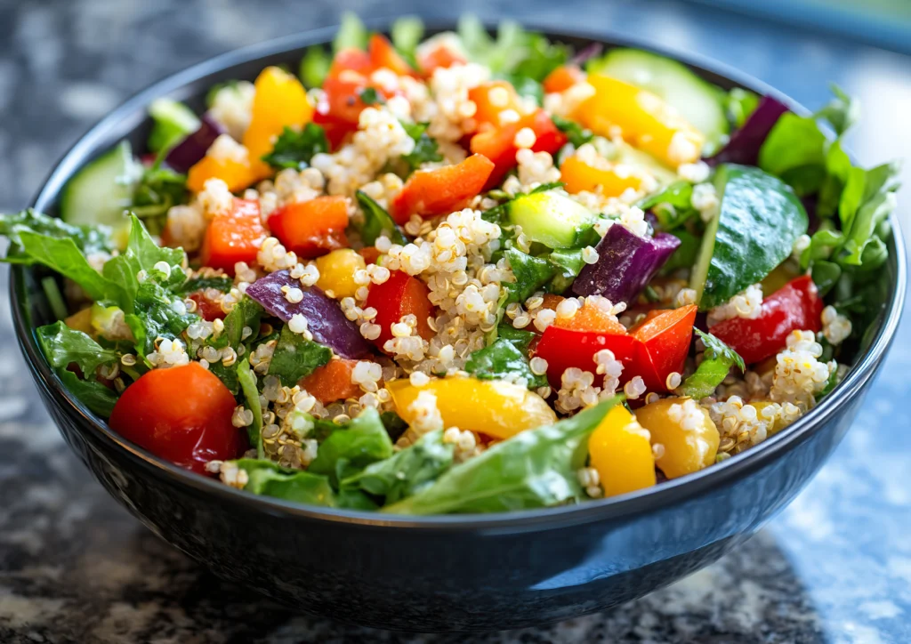 Salada colorida com quinoa, folhas verdes, pimentões vermelhos e amarelos, pepino e tomate em tigela preta