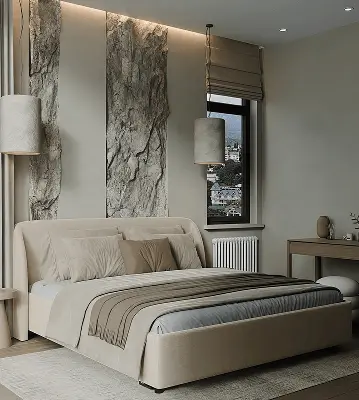 Quarto contemporâneo com cama estofada bege, painéis decorativos de mármore na parede, persiana romana, abajur de chão branco e mesa lateral, decorado em paleta de cores neutras com iluminação LED indireta