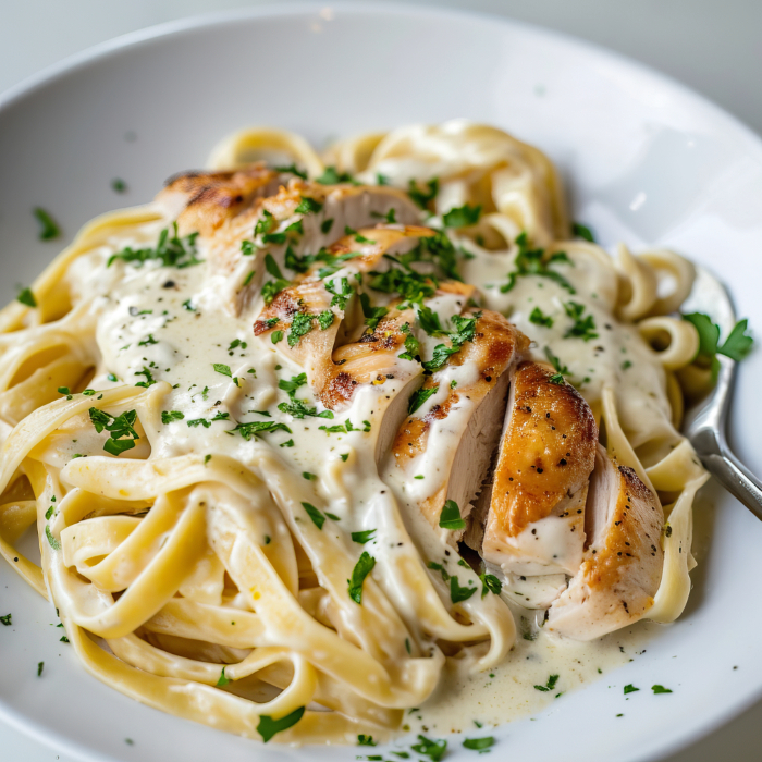 Prato de fettuccine ao molho branco com peito de frango grelhado fatiado e finalizado com salsinha picada