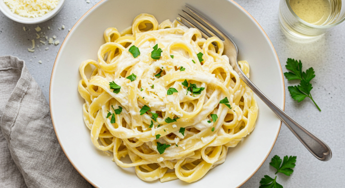 Prato de fettuccine Alfredo com molho branco cremoso servido em tigela branca, visto de cima. O macarrão está decorado com salsinha picada e acompanhado de um garfo prateado. Ao redor, há um guardanapo de tecido bege, folhas de salsinha, um copo de vinho branco e um potinho com queijo ralado.