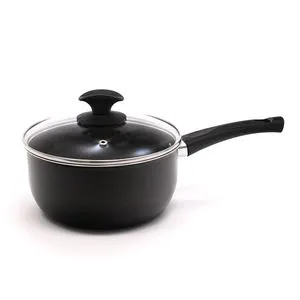 Panela preta antiaderente com tampa de vidro transparente, cabo preto ergonômico e puxador da tampa em formato de botão sobre fundo branco