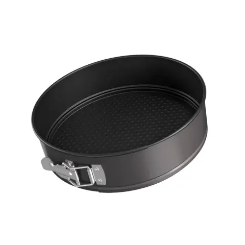 Forma de torta antiaderente com fundo removível Forma de torta redonda antiaderente preta com fundo removível e fecho lateral metálico sobre fundo branco