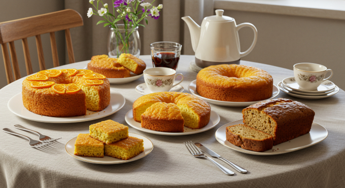 Mesa de café da tarde com toalha clara, decorada com bule branco, xícaras floridas, copo de café, arranjo de flores e cinco tipos de bolo caseiro, incluindo bolo de laranja, bolo de fubá, bolo simples, bolo de milho cremoso e bolo de banana.
