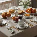 Mesa de café da manhã elegante com toalha bege, louça branca, talheres dourados, copos de vidro, arranjos de flores brancas e alimentos como bolos caseiros, maçãs, pêssegos, geleias, pão de forma e café em bule metálico.