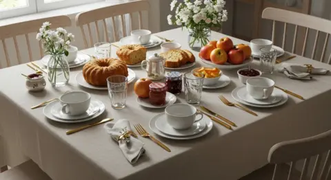 Mesa de café da manhã elegante com toalha branca, xícaras de porcelana, bolos caseiros, frutas frescas, geleias e flores brancas em vasos de vidro, com cadeiras de madeira clara e luz natural da janela.