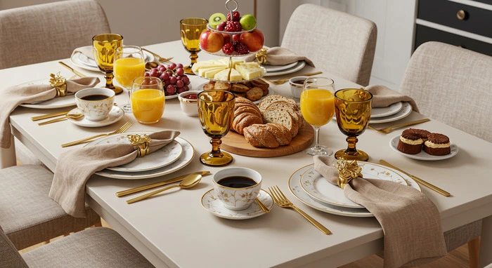 Mesa de café da manhã elegante e sofisticada com louça branca decorada em dourado, taças âmbar, talheres dourados, guardanapos de tecido bege com argolas decorativas, copos de suco de laranja, xícaras de café, cesta com pães variados, frutas frescas e docinhos sobre pratos de porcelana.