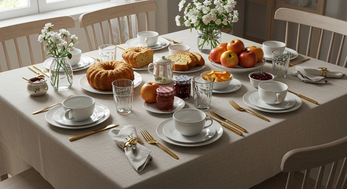 Mesa de café da manhã elegante com toalha bege, louça branca, talheres dourados, copos de vidro, arranjos de flores brancas e alimentos como bolos caseiros, maçãs, pêssegos, geleias, pão de forma e café em bule metálico.