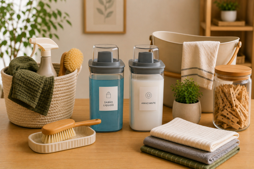 Composição de itens para lavanderia e organização doméstica sobre uma bancada de madeira, com dois dispensers transparentes para produtos de limpeza — um com sabão líquido azul e outro com amaciante branco — além de cesto organizador com panos e borrifador, escova de limpeza, bacia, toalhas dobradas, pote com prendedores de roupa e vaso decorativo, em um ambiente iluminado e aconchegante.