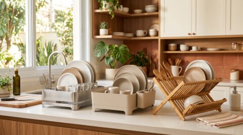 Escorredor de louça de inox, plástico e bambu organizados sobre bancada de cozinha com pratos, copos, xícaras e talheres.