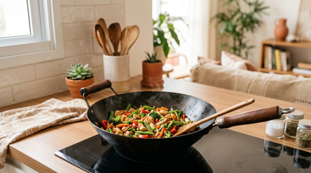 Panela wok com legumes e frango salteados sobre cooktop, destacando o preparo prático de refeições variadas na cozinha.