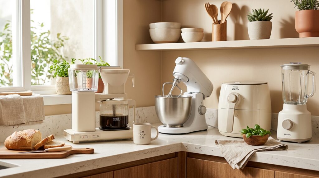 Eletroportáteis organizados em bancada de cozinha, com batedeira, airfryer, liquidificador, cafeteira e processador.