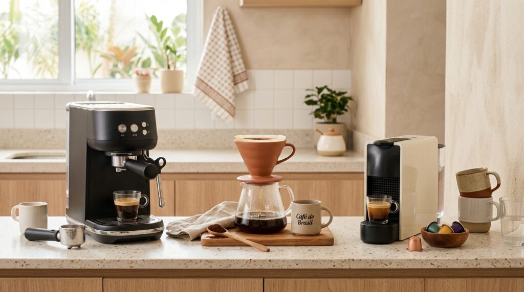 Cafeteiras expresso, de café coado e de cápsulas organizadas sobre bancada de cozinha, com xícaras e acessórios para preparo de café.