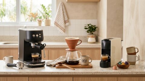 Cafeteiras expresso, de café coado e de cápsulas organizadas sobre bancada de cozinha, com xícaras e acessórios para preparo de café.