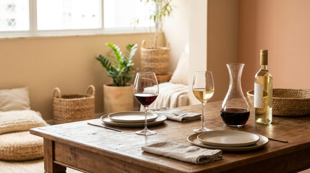 Taças de vinho tinto e branco em mesa posta para jantar a dois, acompanhadas de decanter e garrafa de vinho.