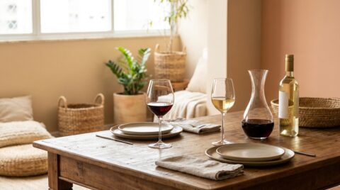 Taças de vinho tinto e branco em mesa posta para jantar a dois, acompanhadas de decanter e garrafa de vinho.