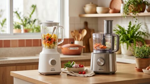Liquidificador e processador de alimentos sobre bancada de cozinha, com frutas, legumes e ingredientes para diferentes preparos.