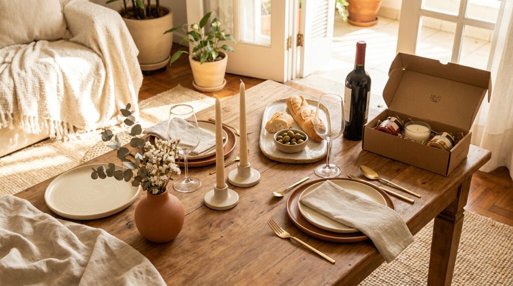 Mesa posta para jantar especial a dois, com pratos, taças, talheres, velas, flores, vinho e petiscos em ambiente aconchegante.