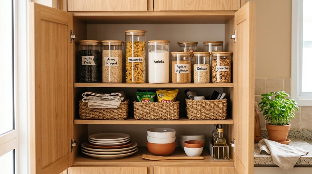 Armário de cozinha organizado com potes transparentes para mantimentos, cestas organizadoras, pratos e utensílios distribuídos em prateleiras.