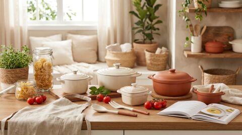 Panelas de diferentes tamanhos em tons de branco e terracota sobre bancada de madeira, acompanhadas de utensílios de cozinha, potes de vidro com macarrão, tomates frescos e livro de receitas aberto.