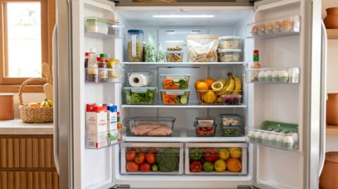 Geladeira organizada com frutas, verduras, ovos, bebidas e alimentos armazenados em potes e recipientes transparentes para facilitar a conservação.