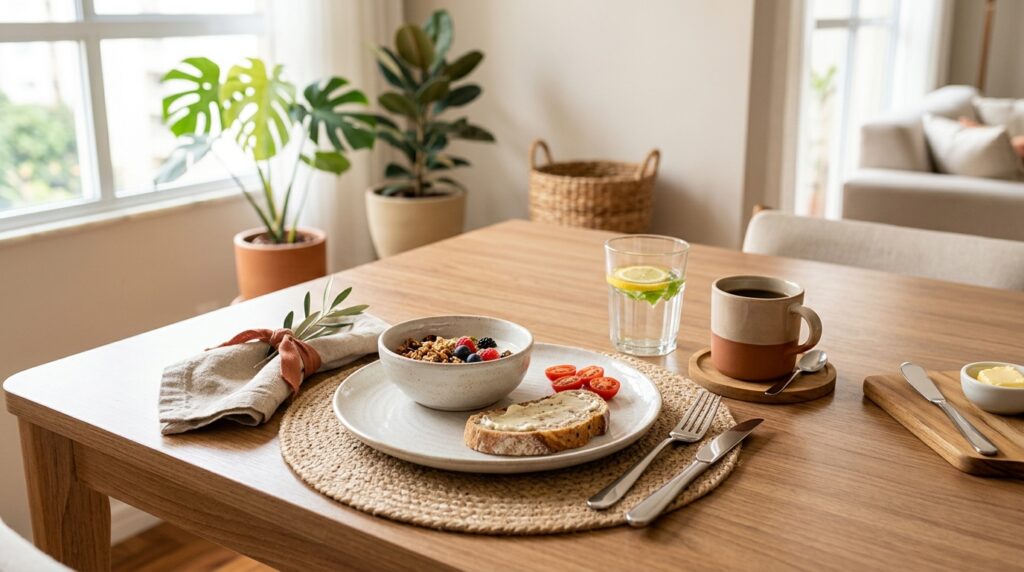 Mesa posta para o dia a dia com prato, bowl, talheres, guardanapo, copo e xícara em ambiente claro e organizado.