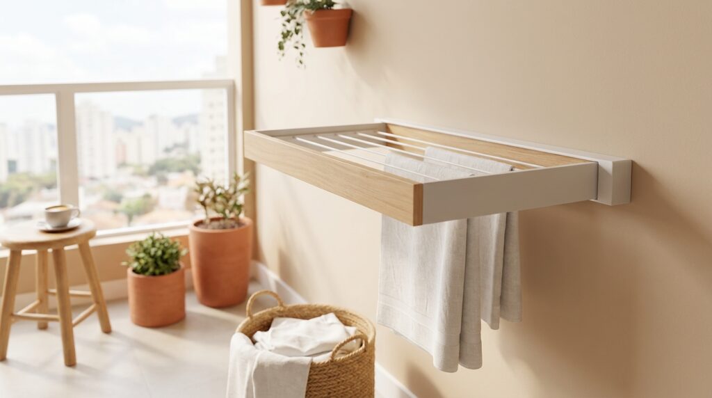 Varal de parede compacto com roupas secando em sacada de apartamento pequeno, aproveitando o espaço de forma prática.