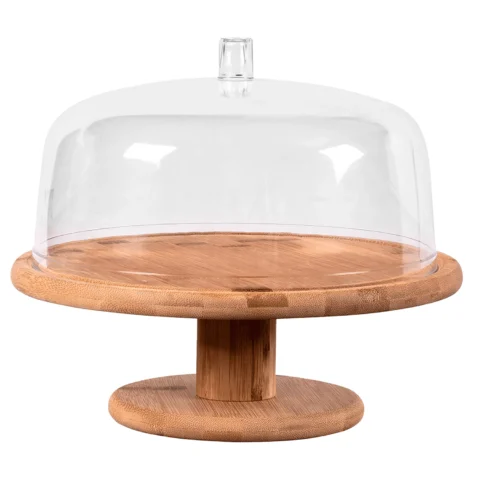 Boleira com pé em bambu natural e cúpula transparente, ideal para armazenar, proteger e servir bolos, tortas, doces e sobremesas com elegância à mesa.