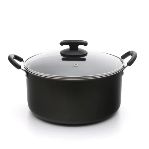 Caçarola funda de alumínio antiaderente preta com tampa de vidro e duas alças, ideal para cozidos, massas, sopas e ensopados.