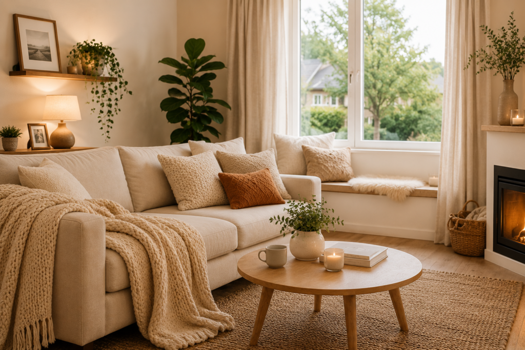 Sala de estar aconchegante com sofá bege, manta de tricô, lareira, mesa de centro de madeira, plantas e iluminação natural suave em decoração moderna e acolhedora.