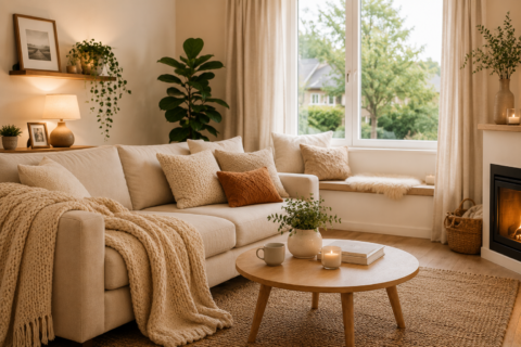 Sala de estar aconchegante com sofá bege, manta de tricô, lareira, mesa de centro de madeira, plantas e iluminação natural suave em decoração moderna e acolhedora.