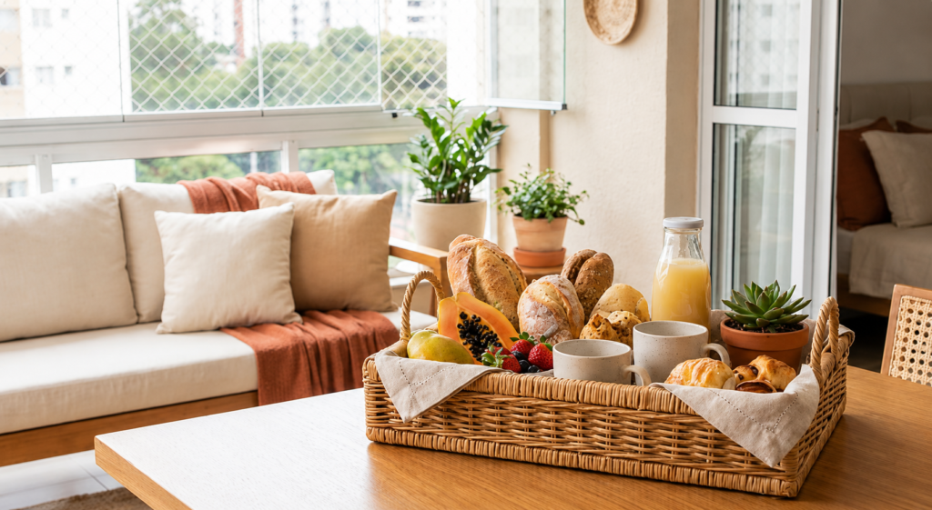 Bandeja de café da manhã de vime sobre uma mesa de madeira, com pães artesanais, frutas frescas, suco, canecas e folhados. Ao fundo, uma sala de estar aconchegante com sofá em tons claros, manta terracota, plantas e ampla janela com luz natural, criando um ambiente acolhedor e elegante.